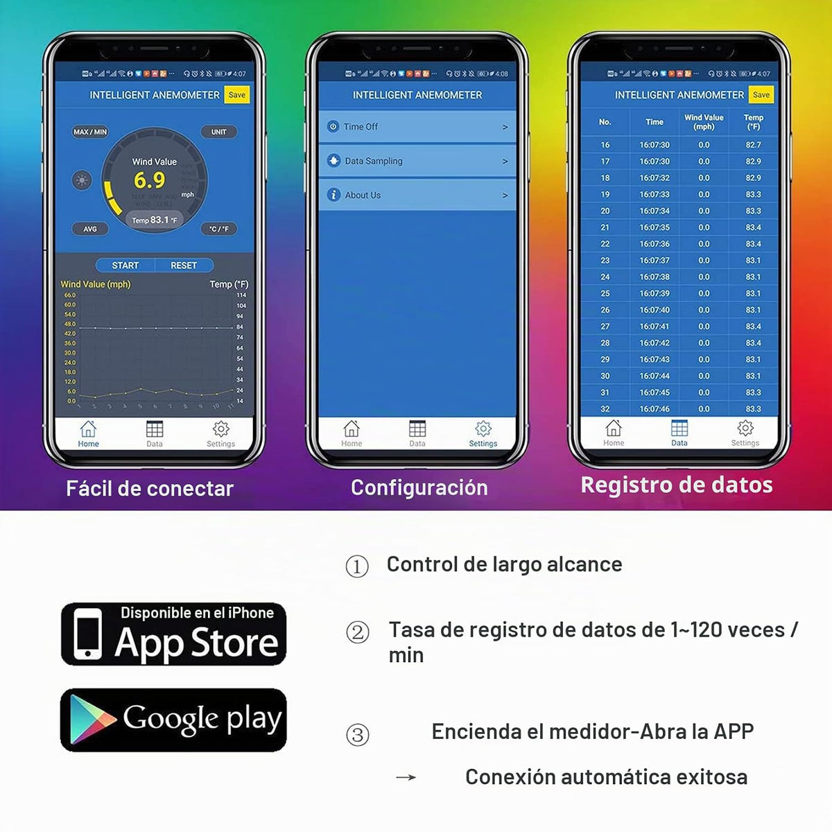 BT-100APP Anemómetro con Bluetooth Inalámbrico, Medidor de Velocidad del Viento Digital de Mano para Frio del Viento, Velocidad del Aire, Temperatura, Galga de Anemómetro de Vana