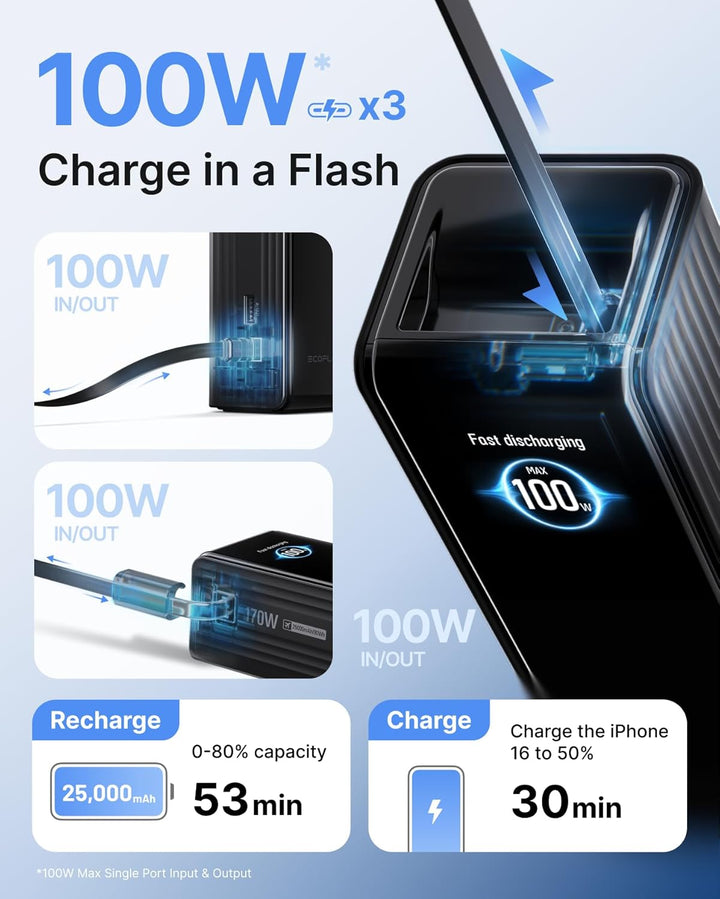 EF ECOFLOW Rapid Power Bank, 25,000 mAh, cables integrados y retrác...