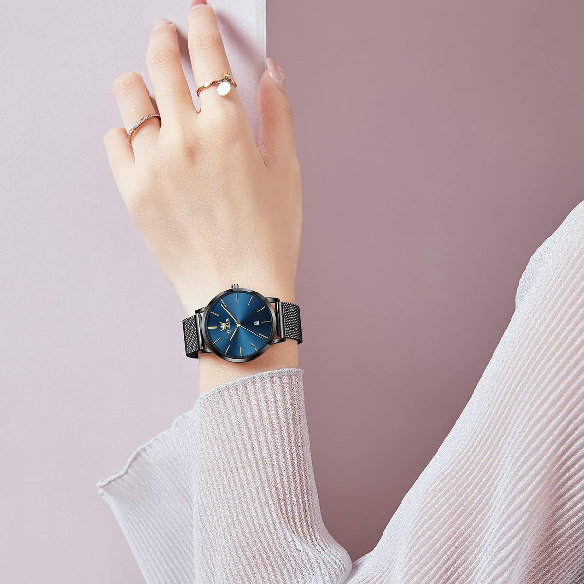 OLEVS Reloj de pulsera de malla para mujer, elegante cara grande de tres manecillas analógicas de cuarzo, reloj de pulsera femenino elegante y delgado con pantalla de fecha impermeable, relojes para