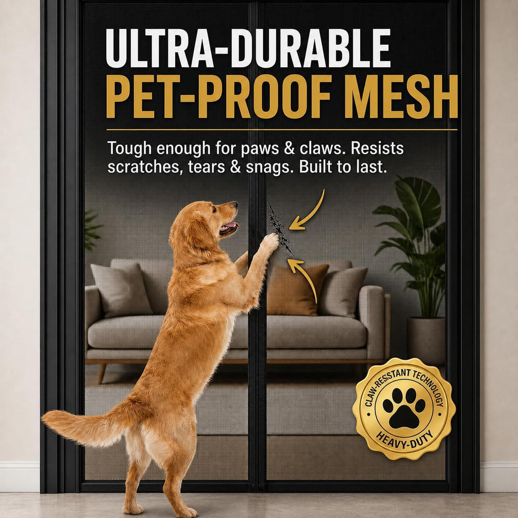 Puerta Mosquitera Magnética Premium, Malla Reforzada Pesada, Tejido Ultra Denso, Cierre Automático Suave, para Mascotas y Niños – Sin Manos, Sellado sin Grietas
