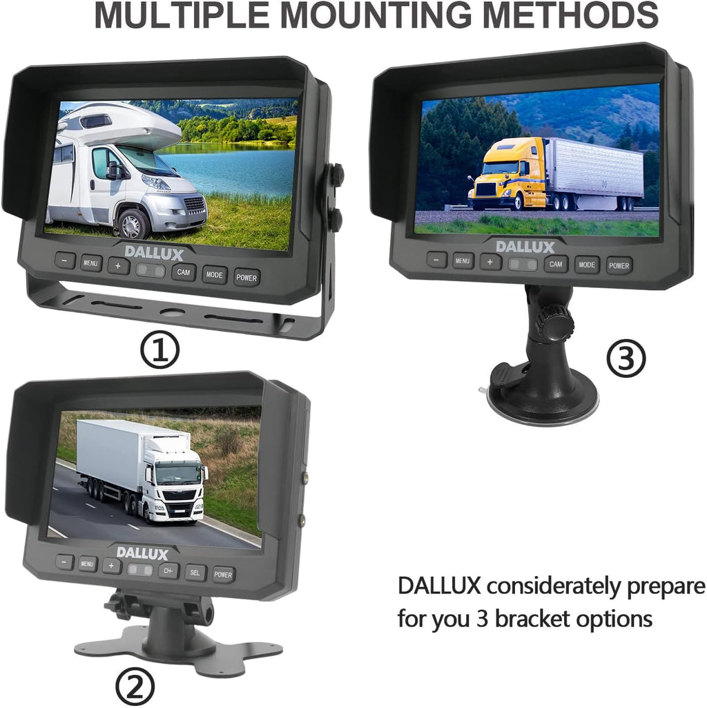 Sistema de cámara de respaldo para vehículo pesado DALLUX, cámara de visión trasera impermeable de visión nocturna con monitor de 7 pulgadas + cable de cámara de 4 pines de 66 pies para autobús