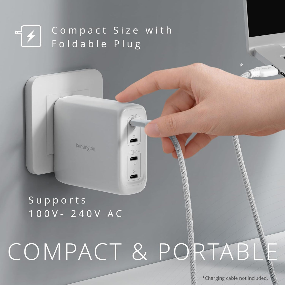 Kensington Adaptador de corriente USB-C GaN, cargador rápido con entrega de energía para portátiles, tabletas y teléfonos inteligentes, Blanco