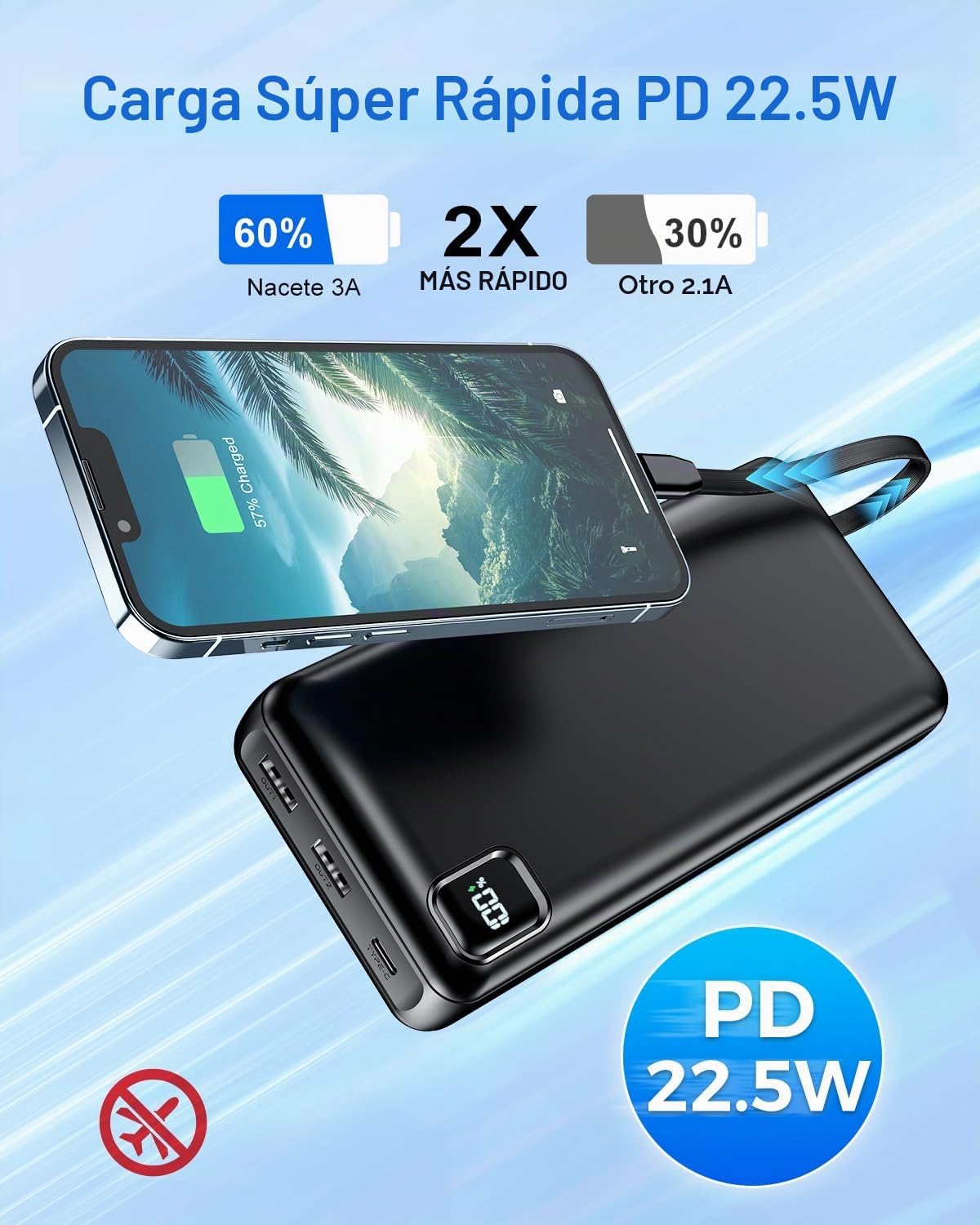 50000mAh 22.5W cargador portátil de carga rápida del banco del poder, Negro