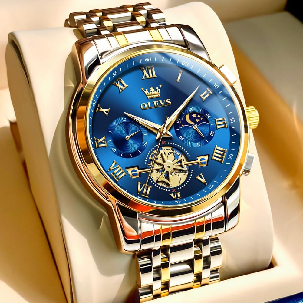 OLEVS Relojes para hombre, resistente al agua, de lujo, gran cara, reloj analógico de cuarzo de acero inoxidable, relojes de vestir analógicos para hombre, luminoso, multifuncional, reloj de hombre