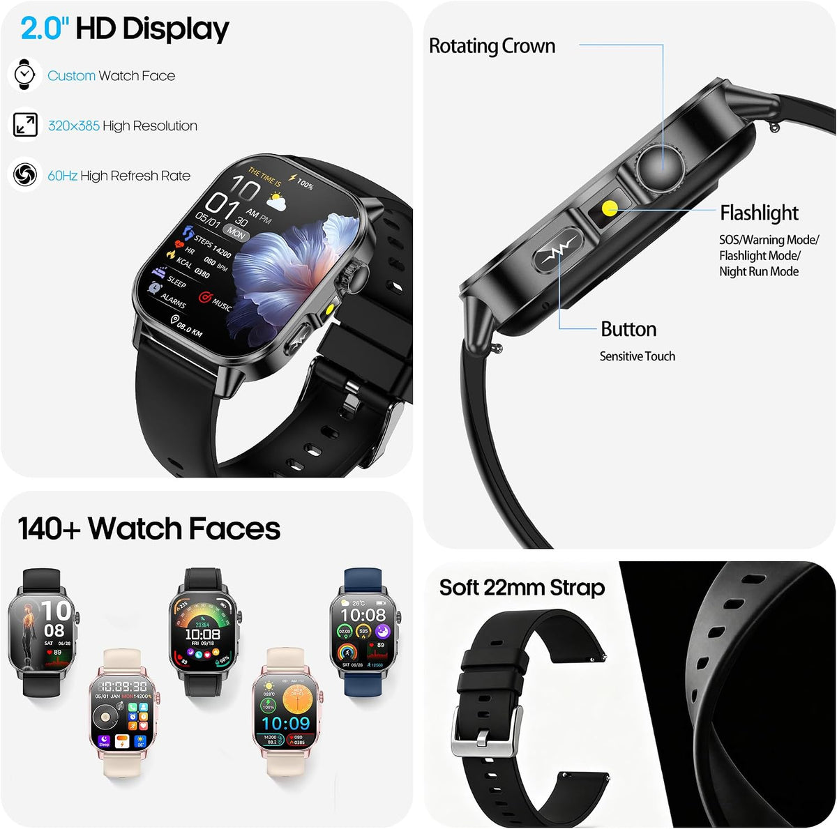 Smartwatch para hombres y mujeres, pantalla HD de 2.0" con GPS opcional? (no se especifica) – Rastreador de actividad con monitor de ritmo cardíaco y presión arterial, oxígeno en sangre y sueño, 136 modos deportivos, resistente al agua IP68