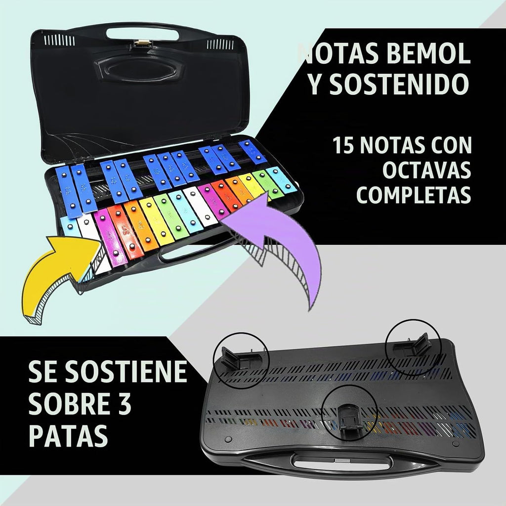 Soulmate Xilófono de 25 notas para niños, juguete musical colorido, llaves de metal, xilófono profesional, instrumento Glockenspiel con estuche y dos mazos seguros para principiantes, enseñanza de música, regalos (negro)