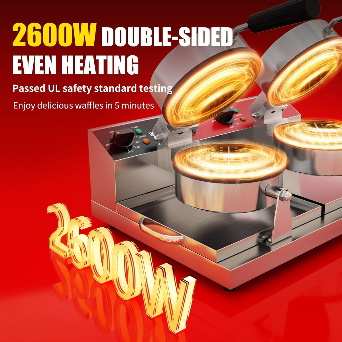CROSSON Máquina comercial de doble gofre, máquina profesional de doble cabeza redonda de gofres belga antiadherente con control de temperatura y tiempo para cocina del hogar, restaurante, panaderías