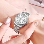 Reloj de Mujer Elegante Analógico a Cuarzo con Carga de Fecha, Números Arábigos Grandes, Impermeable, Dos Tonos, Acero Inoxidable, Pequeño, Reloj de Muñeca