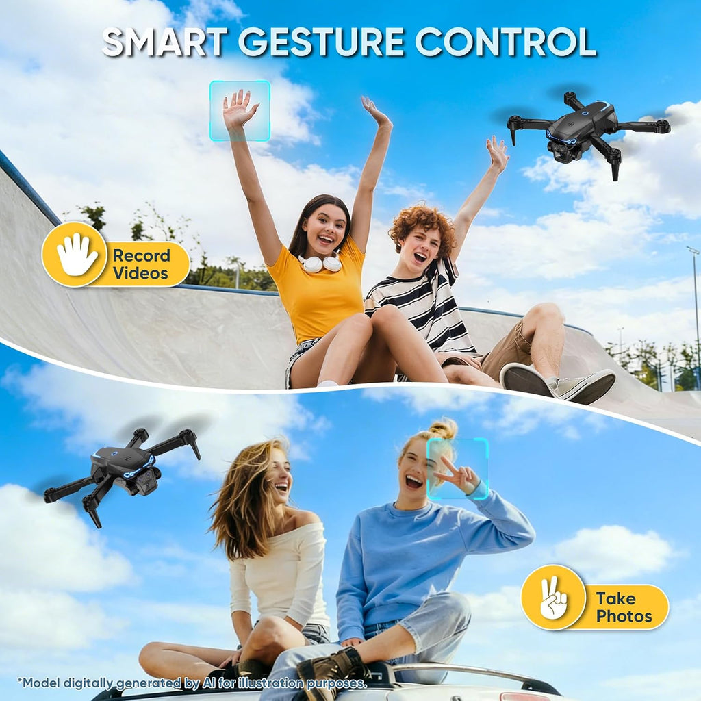 Drone 1080P con cámara para niños y adultos principiantes, cuadricóptero FPV plegable con una tecla de despegue/aterrizaje, control de gestos, giros de 360°, 2 baterías