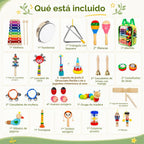 Instrumentos musicales para niños, 33 piezas, 18 tipos, instrumentos de percusión de madera, pandereta, xilófono, juguetes para niños, educación preescolar, aprendizaje temprano, juguete musical para