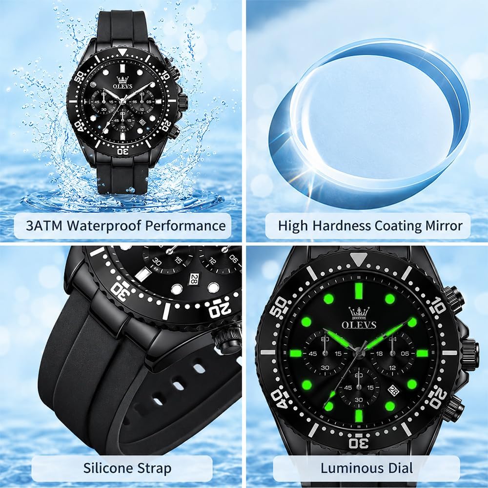 OLEVS Relojes para hombres con correa negra, Reloj cronógrafo profesional para hombres