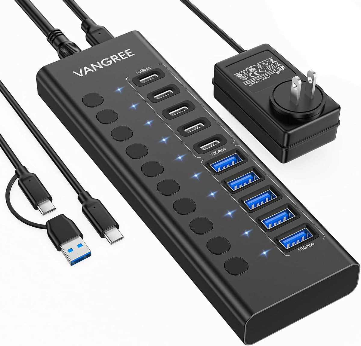 VANGREE, hub USB 3.2 de 10 puertos, alimentado, adaptador 5V/1.5A