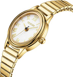Relojes pequeños de oro para mujer, reloj analógico de esfera fácil de leer, caja ovalada, banda de expansión de acero inoxidable, reloj impermeable