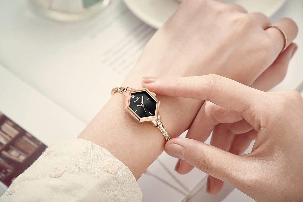 Reloj de pulsera pequeño de oro rosa para mujer, reloj de diamante analógico hexagonal de vestir, mini reloj impermeable para mujer