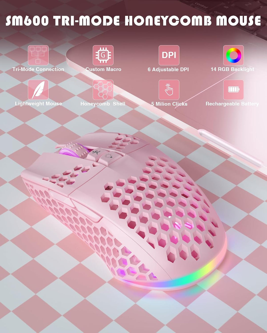 SOLAKAKA SM600 - Mouse inalámbrico rosa para juegos con carcasa de...