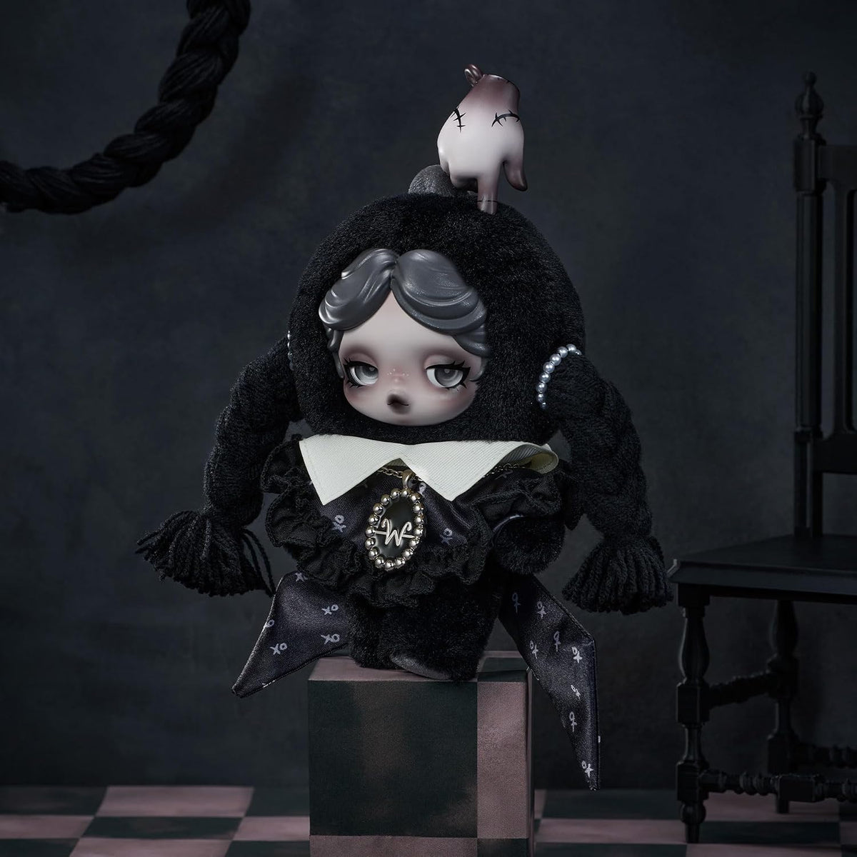 POP MART SKULLPANDA × Wednesday Plush Keychain（Classic Dress Version）