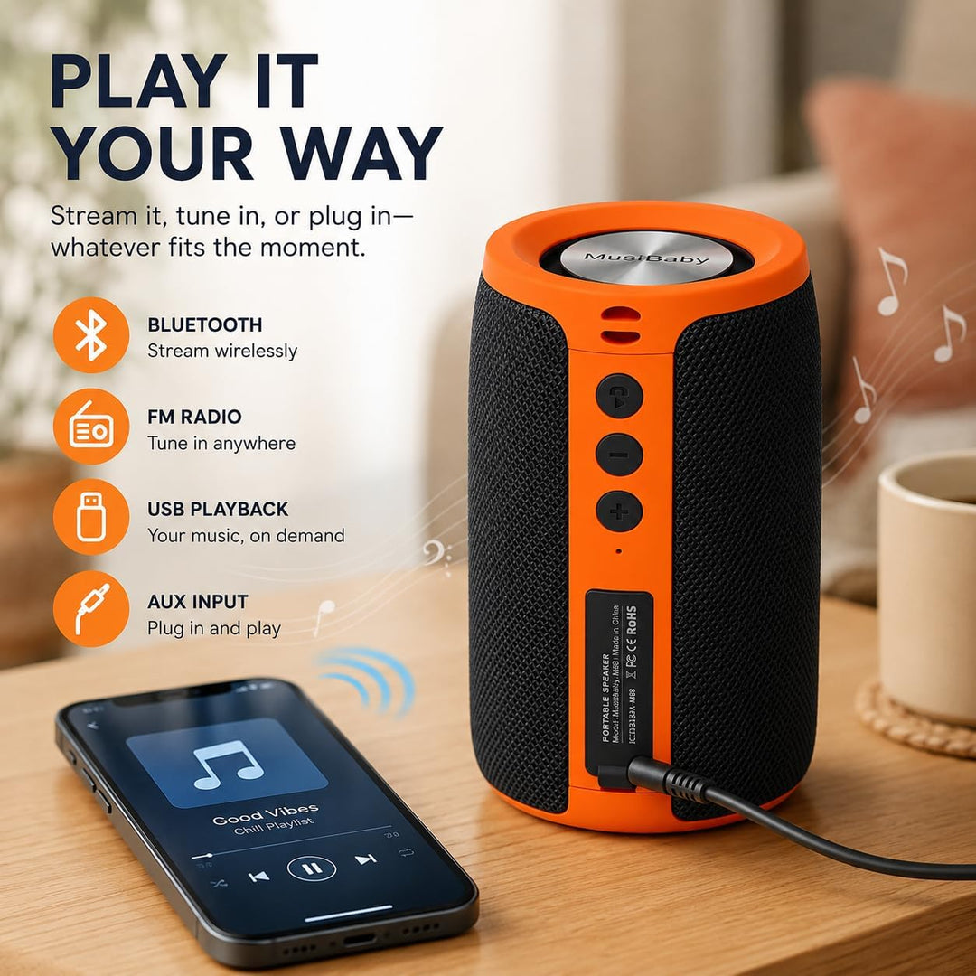 Altavoz Bluetooth Musibaby M68, 12W, IPX5, FM, USB AUX, Naranja Neg...