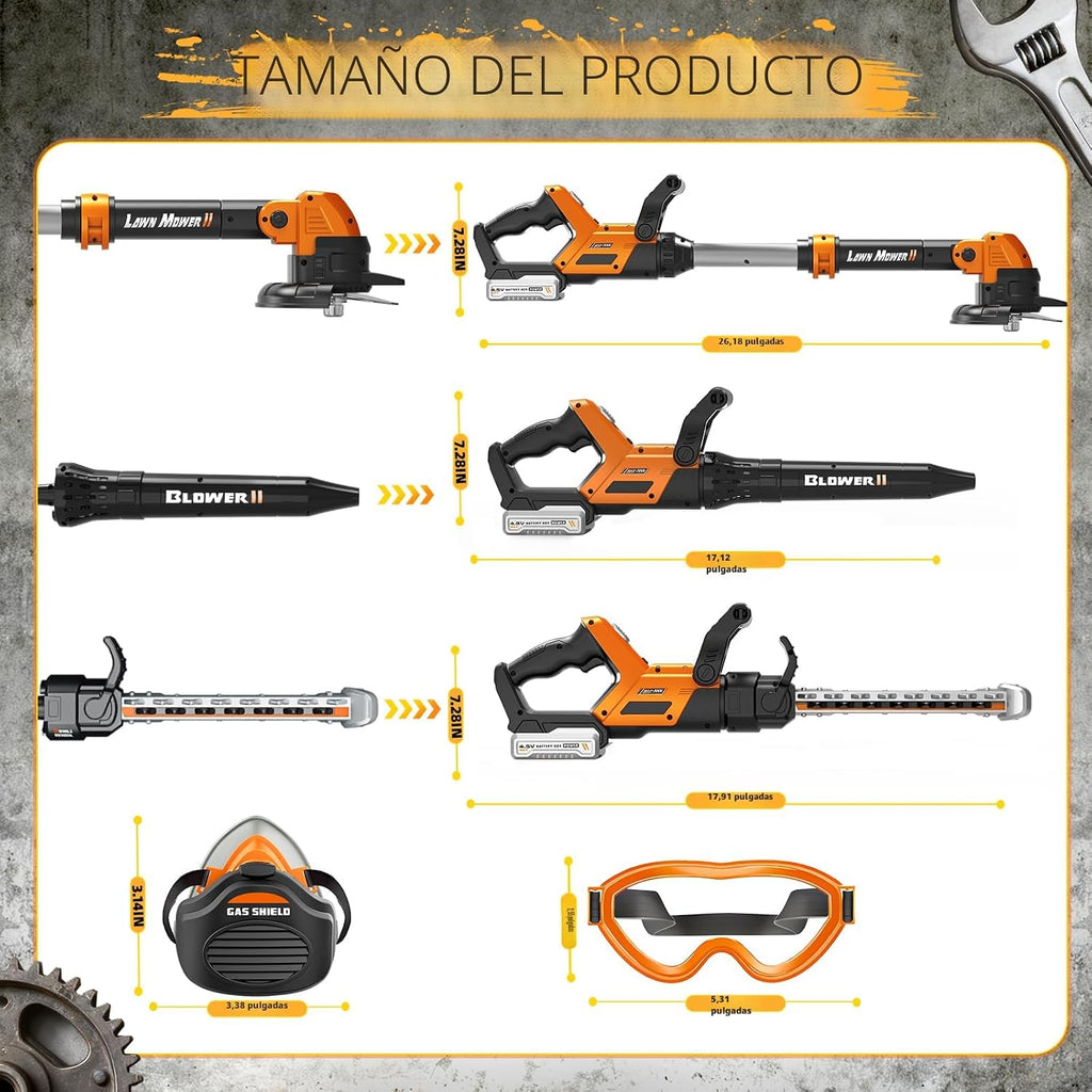 Juego de herramientas 3 en 1 para niños con Weed Wacker para niños, soplador de hojas para niños, juguete de cortacésped