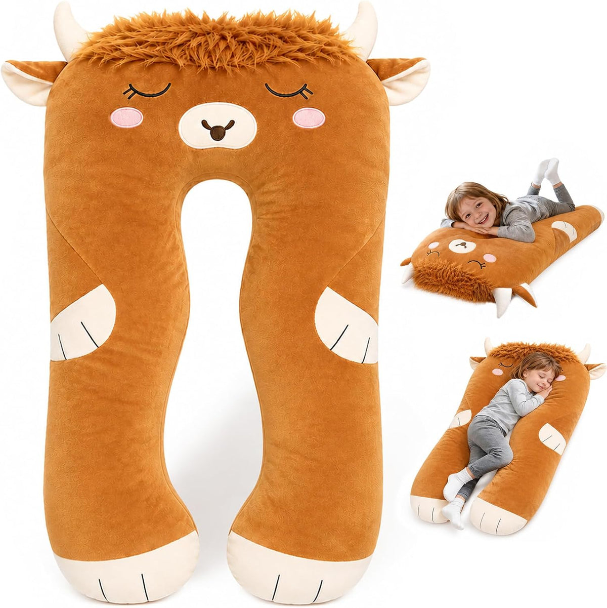 Almohadas largas de felpa en forma de U de 47 x 23 pulgadas para niños, almohada suave y grande para dormir, funda lavable, regalo para niños y niñas