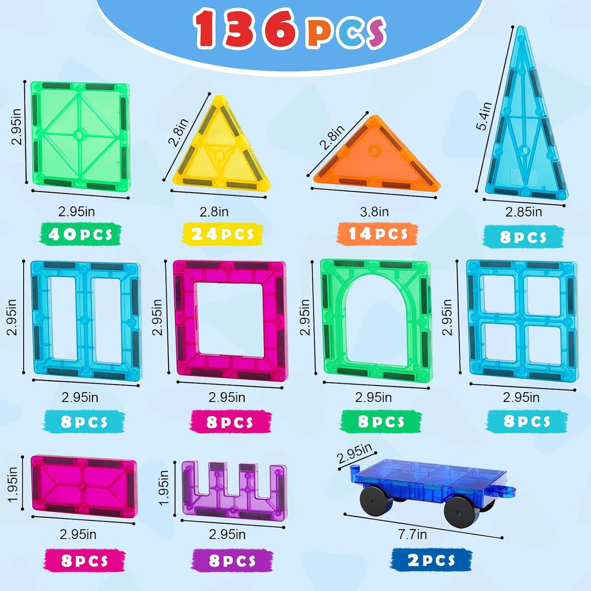 Gemmicc Azulejos Magnéticos, Deluxe 136 Piezas Bloques de Construcción Juguetes Magnéticos para Niños, Rompecabezas Magnéticos 3D Bloques Apilables para Niños y Niñas, Conjunto Enorme con 2 Carros