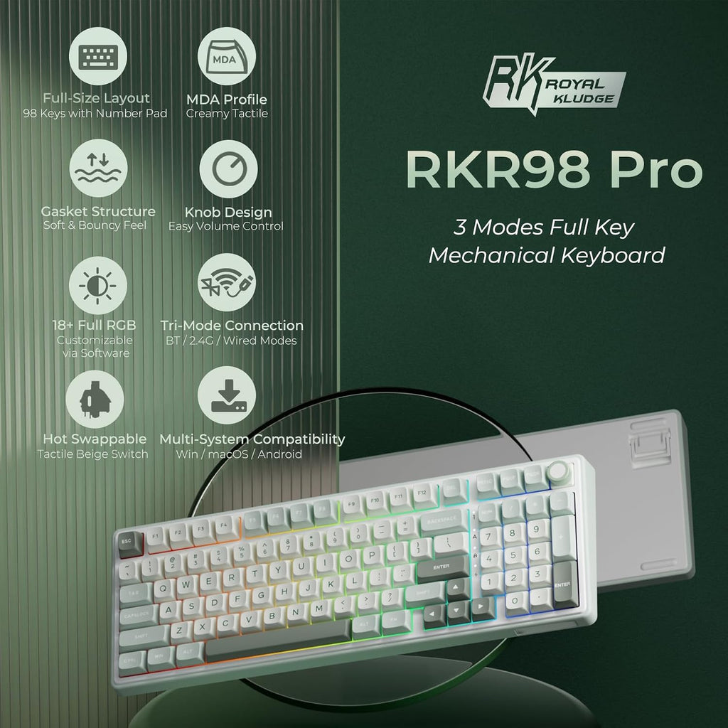 RK ROYAL KLUDGE R98 Pro - Teclado mecánico inalámbrico, teclado cremoso Bluetooth/2.4GHz/RGB con cable para juegos con teclado numérico y perilla, teclas PBT de perfil MDA, interruptor táctil intercambiable en caliente, cian
