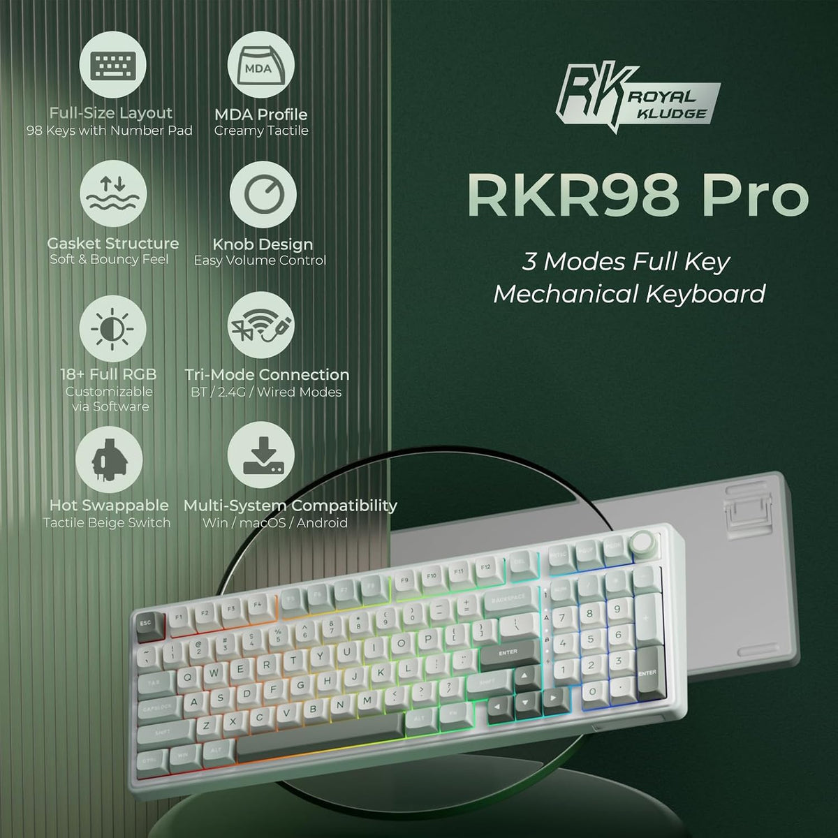 RK ROYAL KLUDGE R98 Pro - Teclado mecánico inalámbrico, teclado cremoso Bluetooth/2.4GHz/RGB con cable para juegos con teclado numérico y perilla, teclas PBT de perfil MDA, interruptor táctil intercambiable en caliente, cian