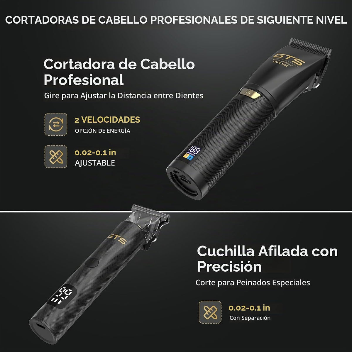 GTSPRO Afeitadoras/Recortadoras para Hombre Profesionales, Recortadora de Cabello Inalámbrica para Cortar el Cabello, Kit de Recortado para Barberos con Pantalla LED y 15 Peines Guía