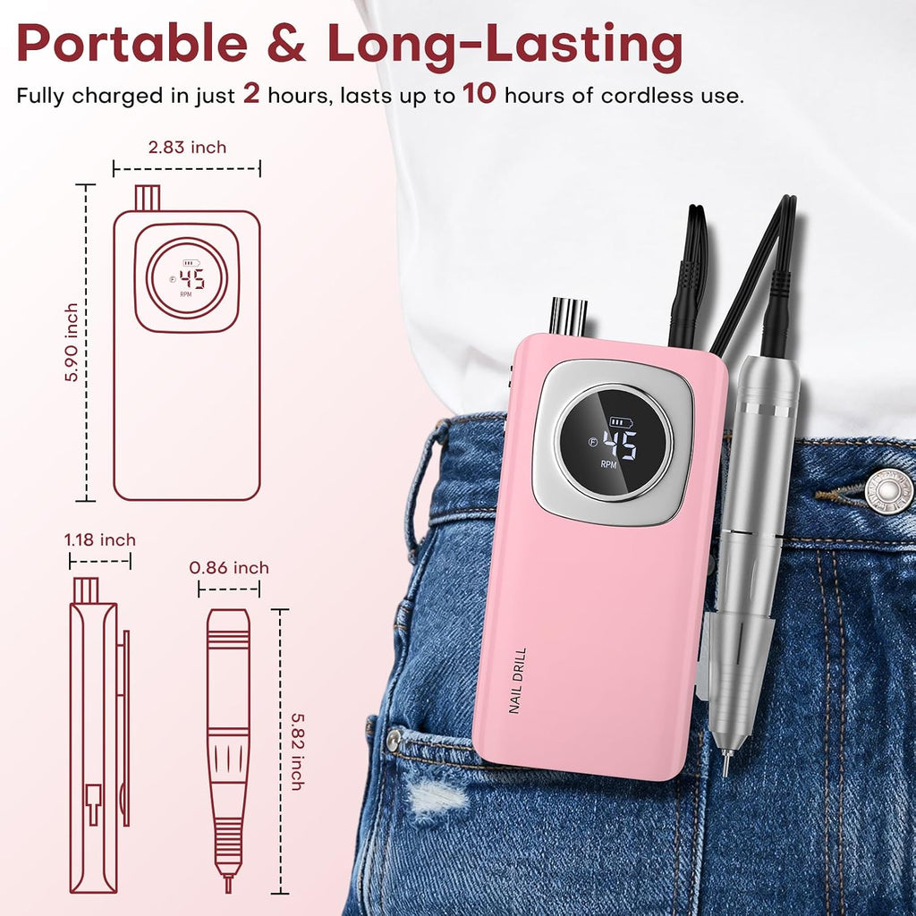 Taladro de uñas eléctrico profesional: lima de uñas recargable con brocas para uñas de gel acrílicas, herramientas de forma de pulido profesional para manicura y pedicura para el hogar y el salón