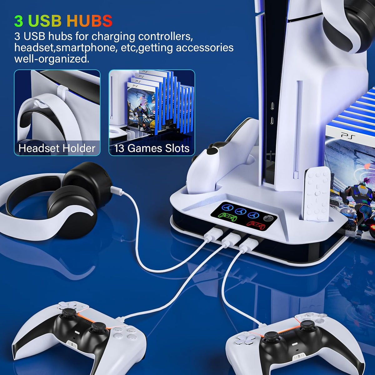 Estación de enfriamiento para PS5/Slim/Pro con estación de carga para mando para PlayStation 5 Slim y Standard y Pro Disc/Digital, Soporte de PS5 Pro con ventilador de enfriamiento y accesorios Incluye enfriador/ventilador y 3 hubs USB