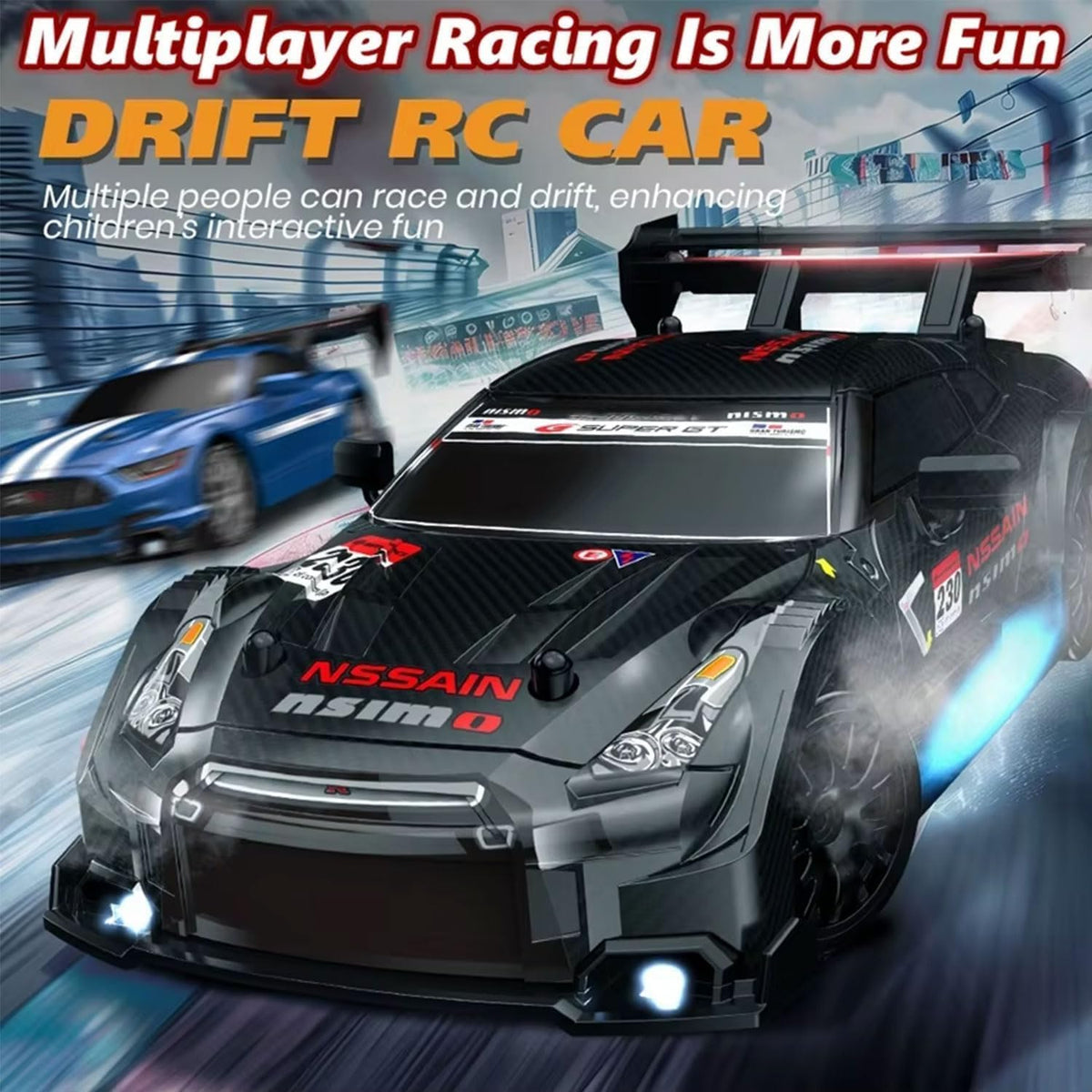 Coche de deriva RC a escala 1:24 4WD 2.4GHz 30KM/H de alta velocidad Racing Sport Toy Car con luces LED, carreras y ruedas de deriva (02-azul)