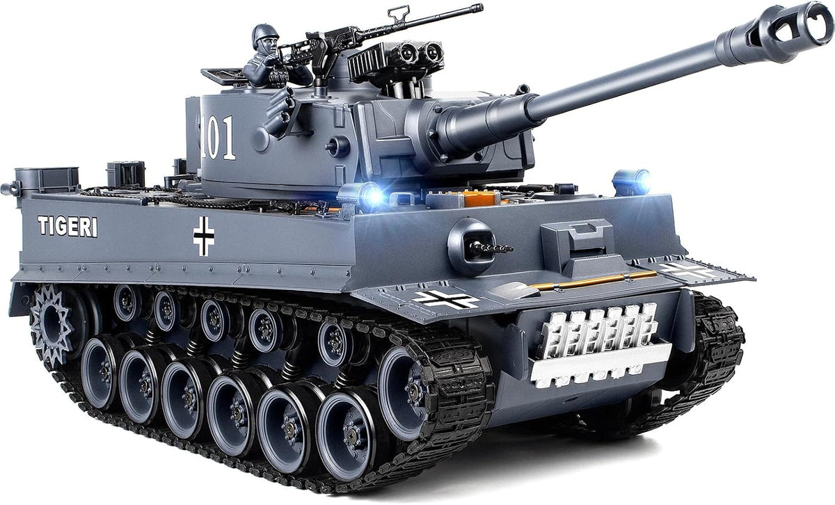 1:18 RC Tank que dispara BBS, 2.4G WW2 German Tiger I Modelo de juguetes de control remoto, juguete militar con humo, luces, sonido y retroceso, vehículo militar RC para adultos y niños de 8 años en adelante