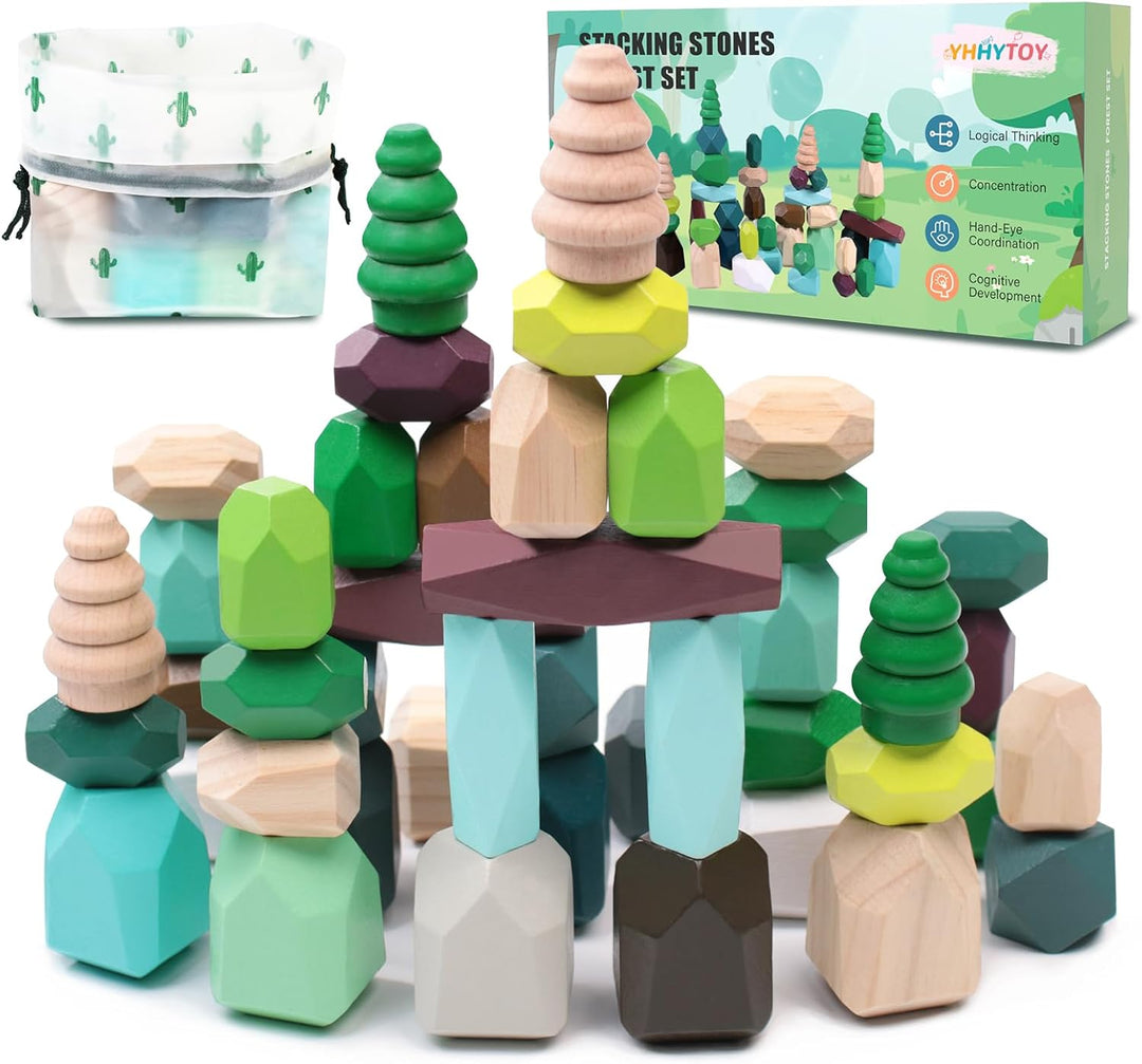 48 piezas de bloques de construcción de rocas apilables de madera M...