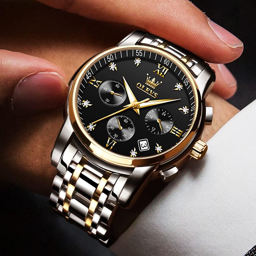 OLEVS Relojes de Oro para Hombres Reloj de Pulsera de Lujo a Prueba de Agua Gran Cara Elegante Acero Inoxidable Analógico Cuarzo Fecha Cronógrafo Luminoso Lectura Fácil Relojes de Negocios Regalos para Hombres Graduación