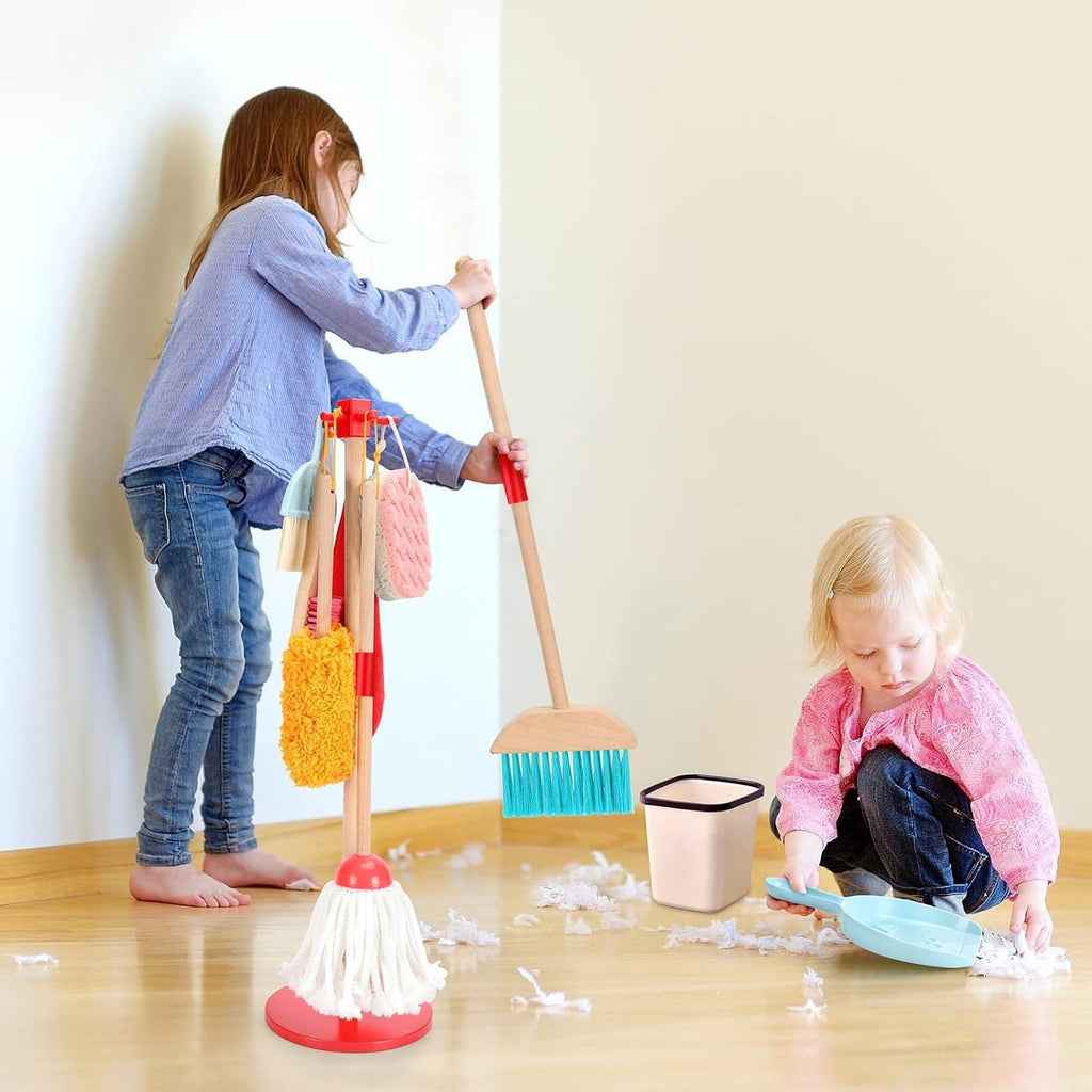 WHOLL - Juego de juguetes de limpieza de madera para niños, escoba y recogedor para limpieza de 9 piezas, juego de escoba y trapeador para niños pequeños de 3 a 6 años, juguetes de limpieza con