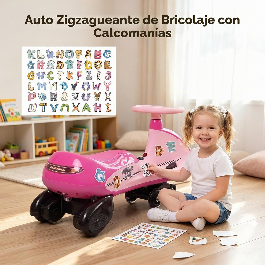 Coche eléctrico de 12 V, Wiggle Car para niños con luz intermitente inferior, 2 velocidades, juguetes de paseo para niños con calcomanía, 9 modos de color, ruedas intermitentes, Bluetooth