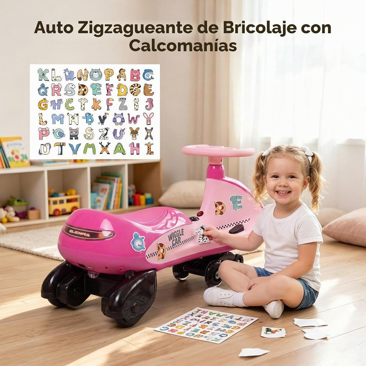 Coche eléctrico de 12 V, Wiggle Car para niños con luz intermitente inferior, 2 velocidades, juguetes de paseo para niños con calcomanía, 9 modos de color, ruedas intermitentes, Bluetooth