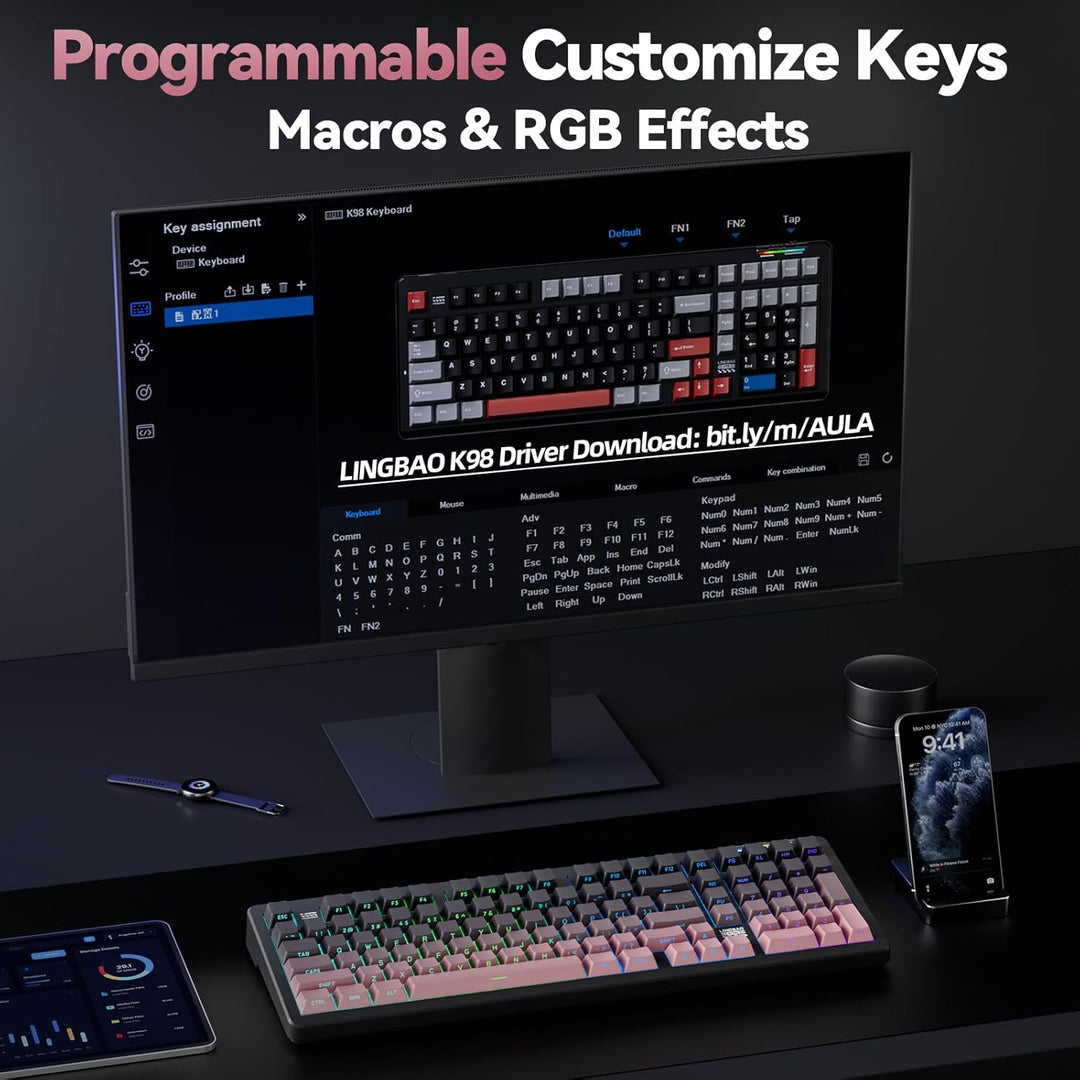 LINGBAO K98 - Teclado mecánico inalámbrico al 96%, triple modo BT5....