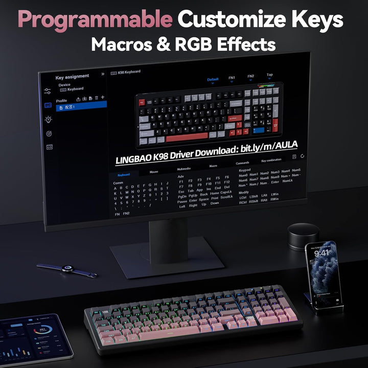 LINGBAO K98 - Teclado mecánico inalámbrico al 96%, triple modo BT5....