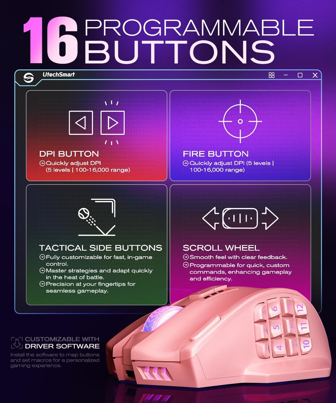 UtechSmart Ratón inalámbrico Venus Pro MMO para juegos, sensor ópti...