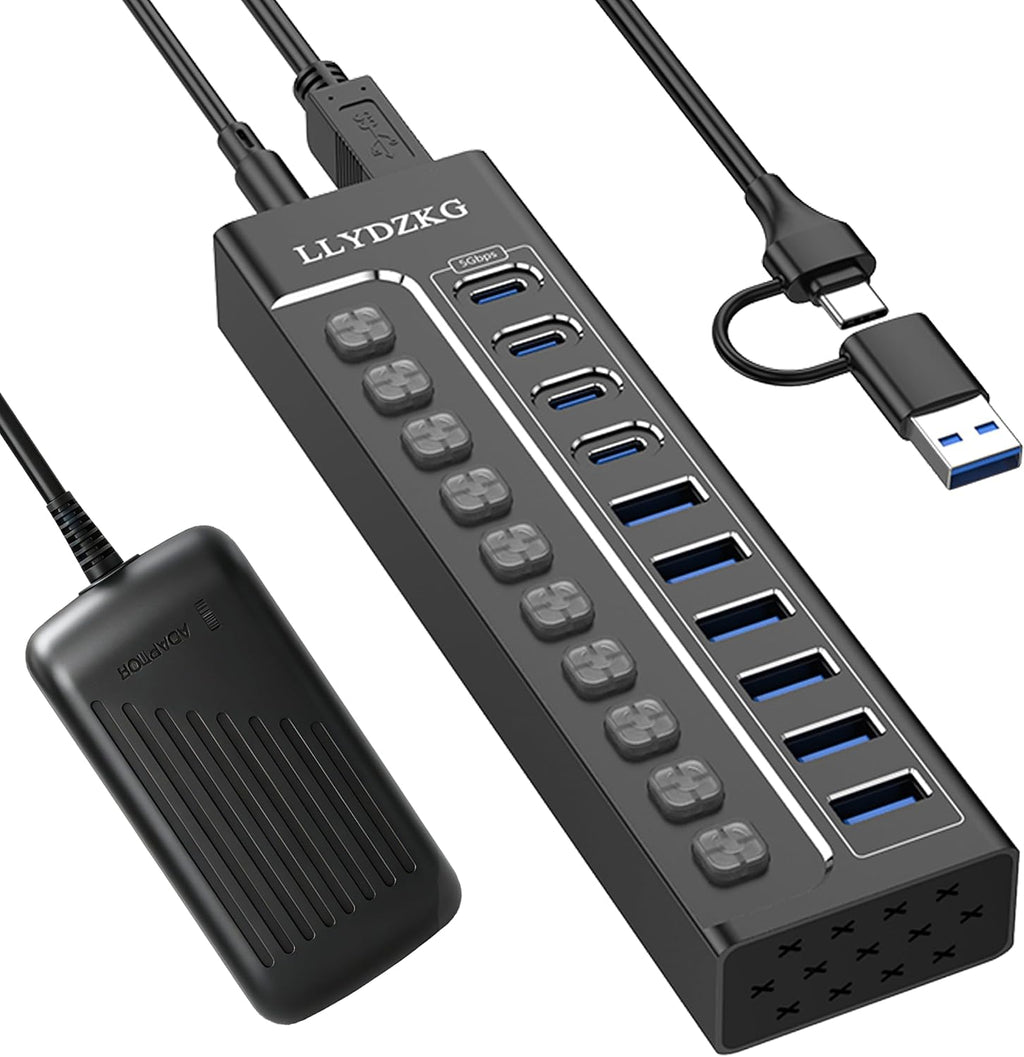 LLYDZKG, LLY-U801, hub USB 3.0 de 10 puertos, alimentado, adaptador 12V/3A