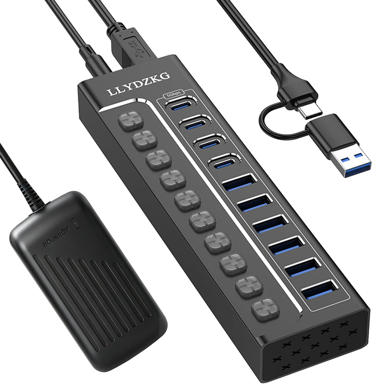LLYDZKG, LLY-U801, hub USB 3.0 de 10 puertos, alimentado, adaptador 12V/3A