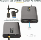 StarTech Adaptador USB-C y USB-A a HDMI dual, 2X 4K 60Hz, DisplayLink, TAA
