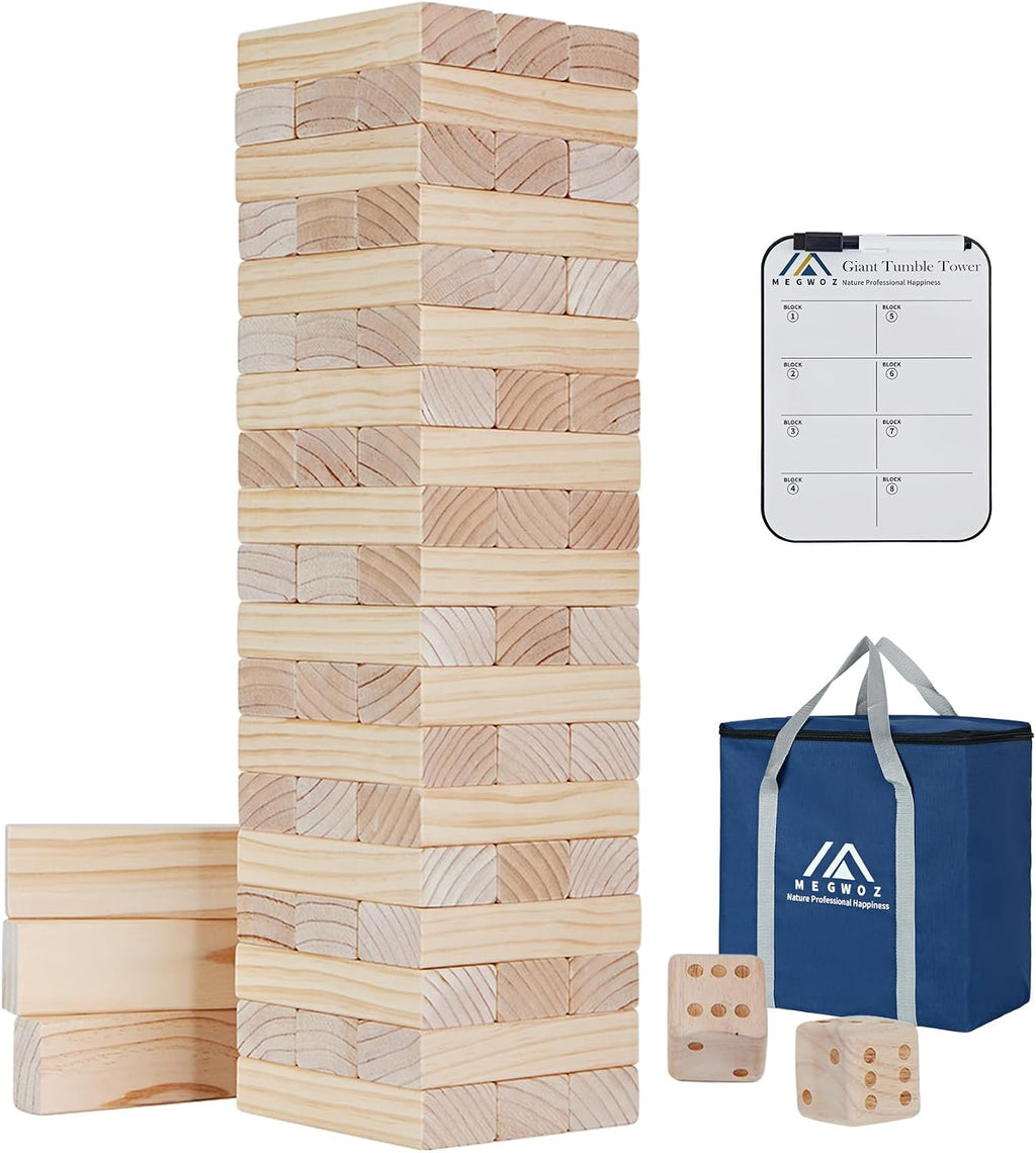 Torre gigante de hasta de 5 pies de alto, juego de apilar, 57 bloques de madera de pino de Nueva Zelanda; p/interiores/exteriores, fiesta de cumpleaños, p/adultos y niños de todas las edades