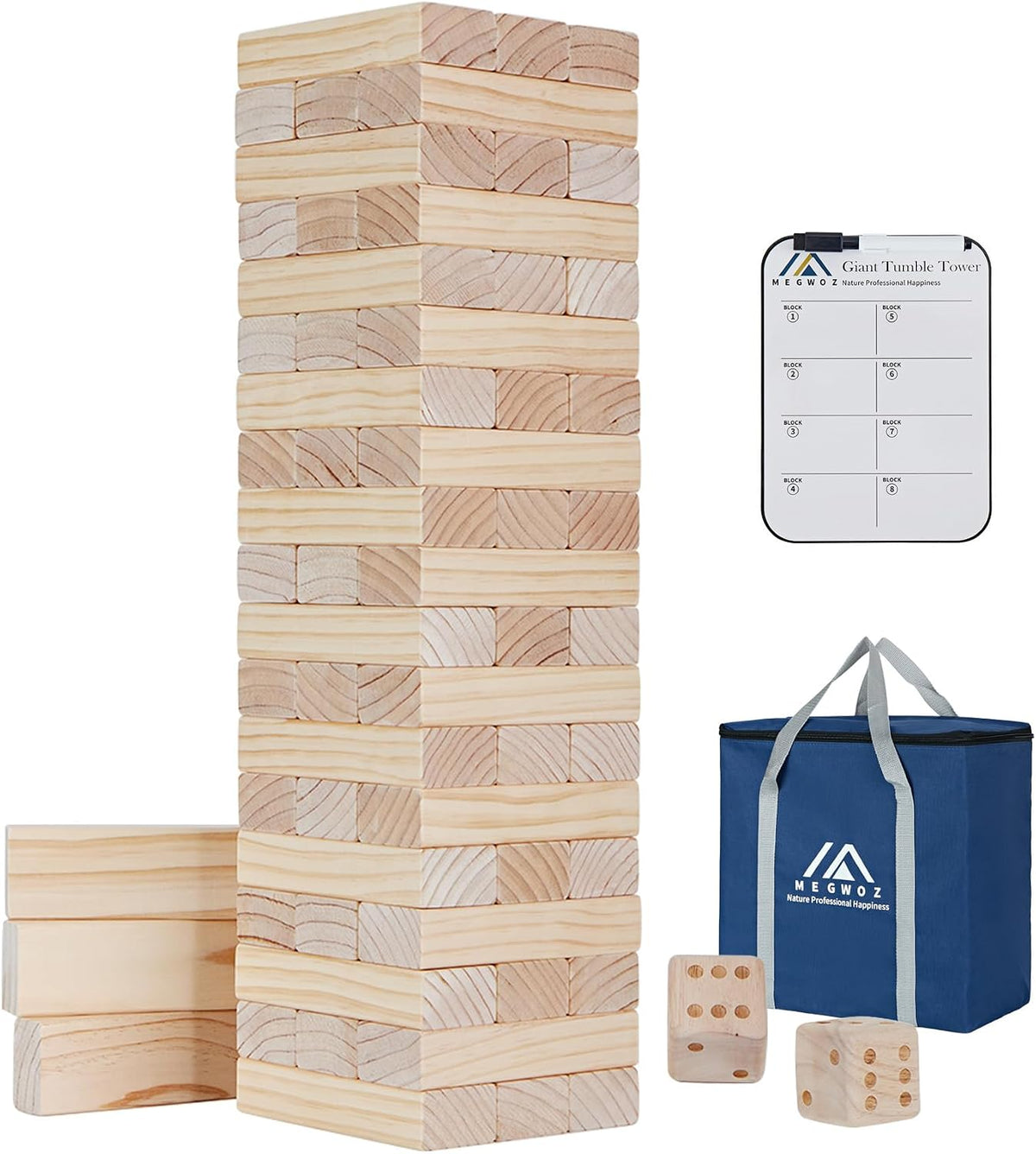 Torre gigante de hasta de 5 pies de alto, juego de apilar, 57 bloques de madera de pino de Nueva Zelanda; p/interiores/exteriores, fiesta de cumpleaños, p/adultos y niños de todas las edades