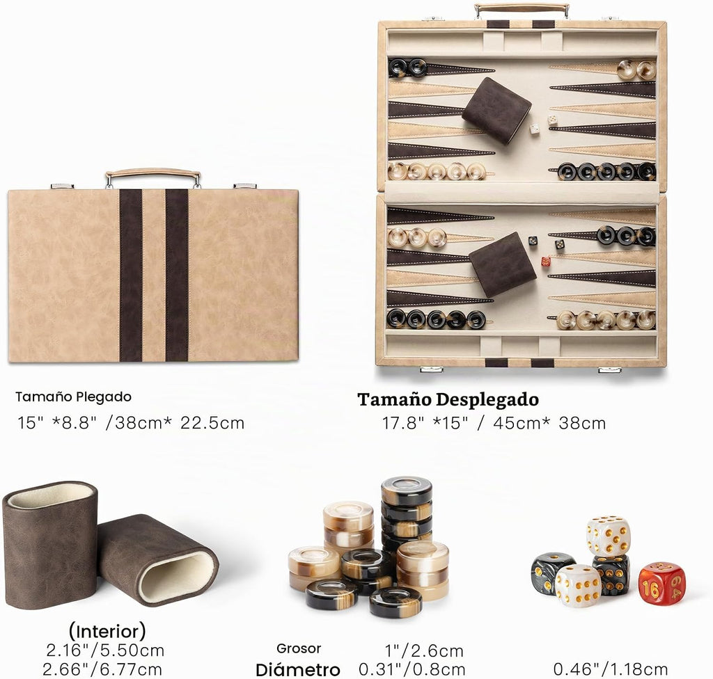 Juegos de backgammon de 15 pulgadas para adultos, tablero clásico de backgammon con dados de damas únicos, exterior de piel sintética e interior de terciopelo, juego de viaje de backgammon portátil (marrón)