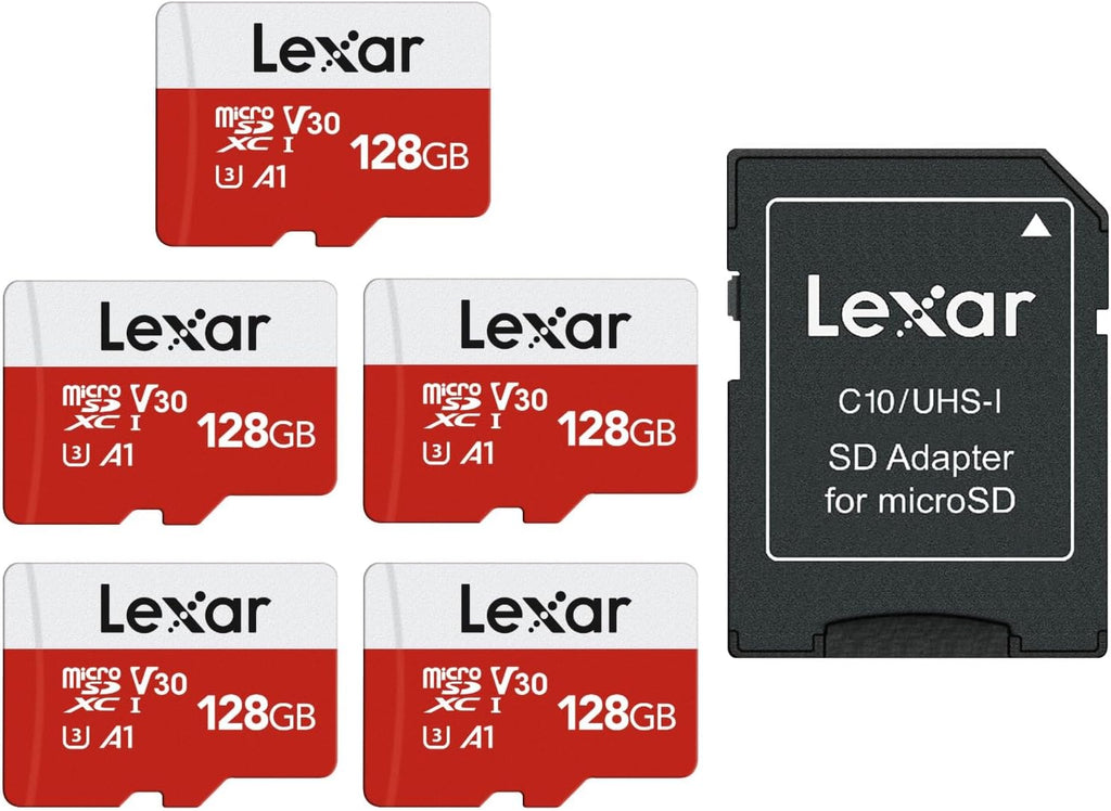 Lexar E-Series - Paquete de 5 tarjetas micro SD de 128 GB, tarjeta de memoria flash microSDXC UHS-I con adaptador, 100 MB/s, C10, U3, A1, V30, Full HD, 4K UHD, tarjeta TF de alta velocidad