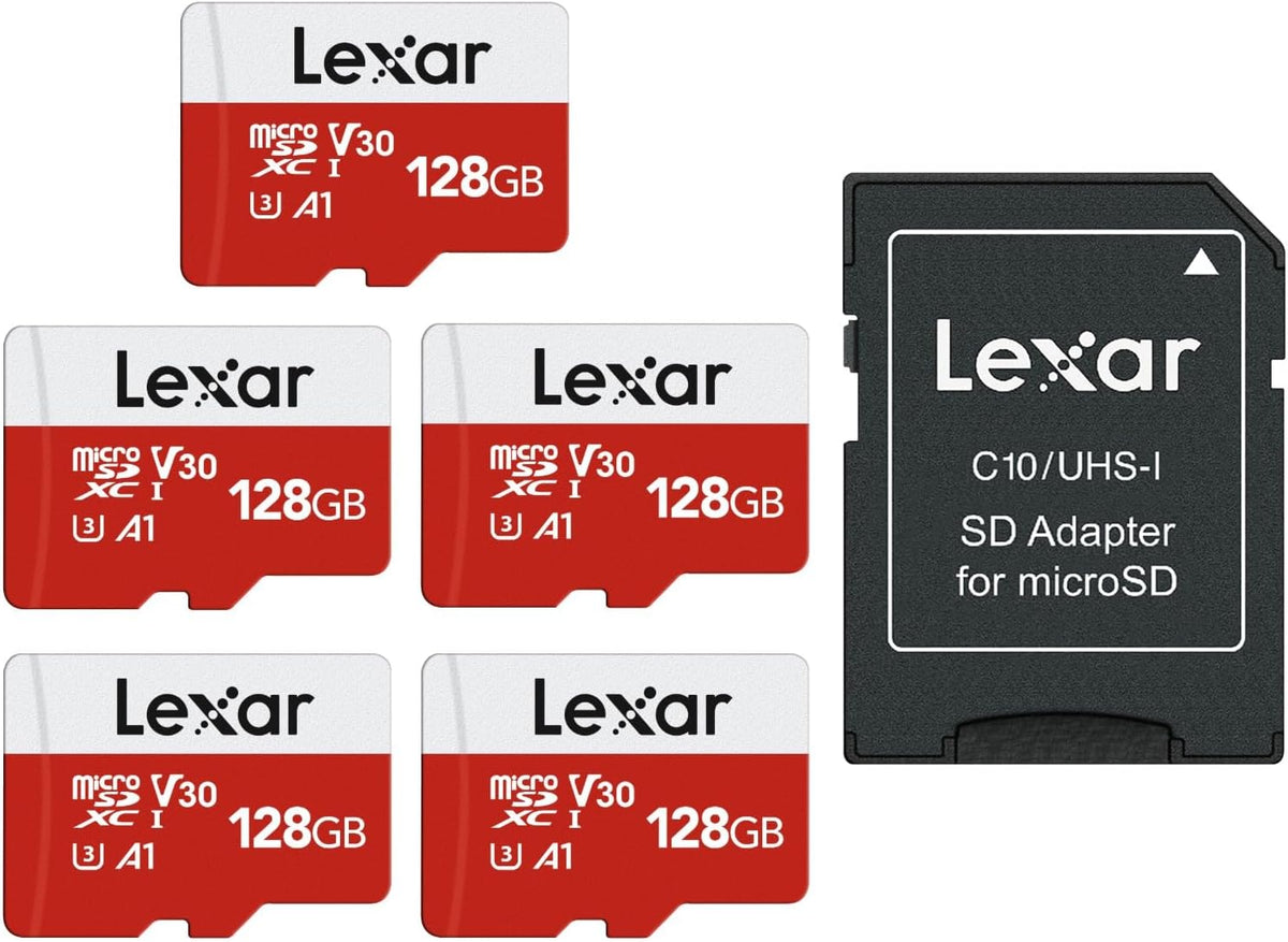Lexar E-Series - Paquete de 5 tarjetas micro SD de 128 GB, tarjeta de memoria flash microSDXC UHS-I con adaptador, 100 MB/s, C10, U3, A1, V30, Full HD, 4K UHD, tarjeta TF de alta velocidad