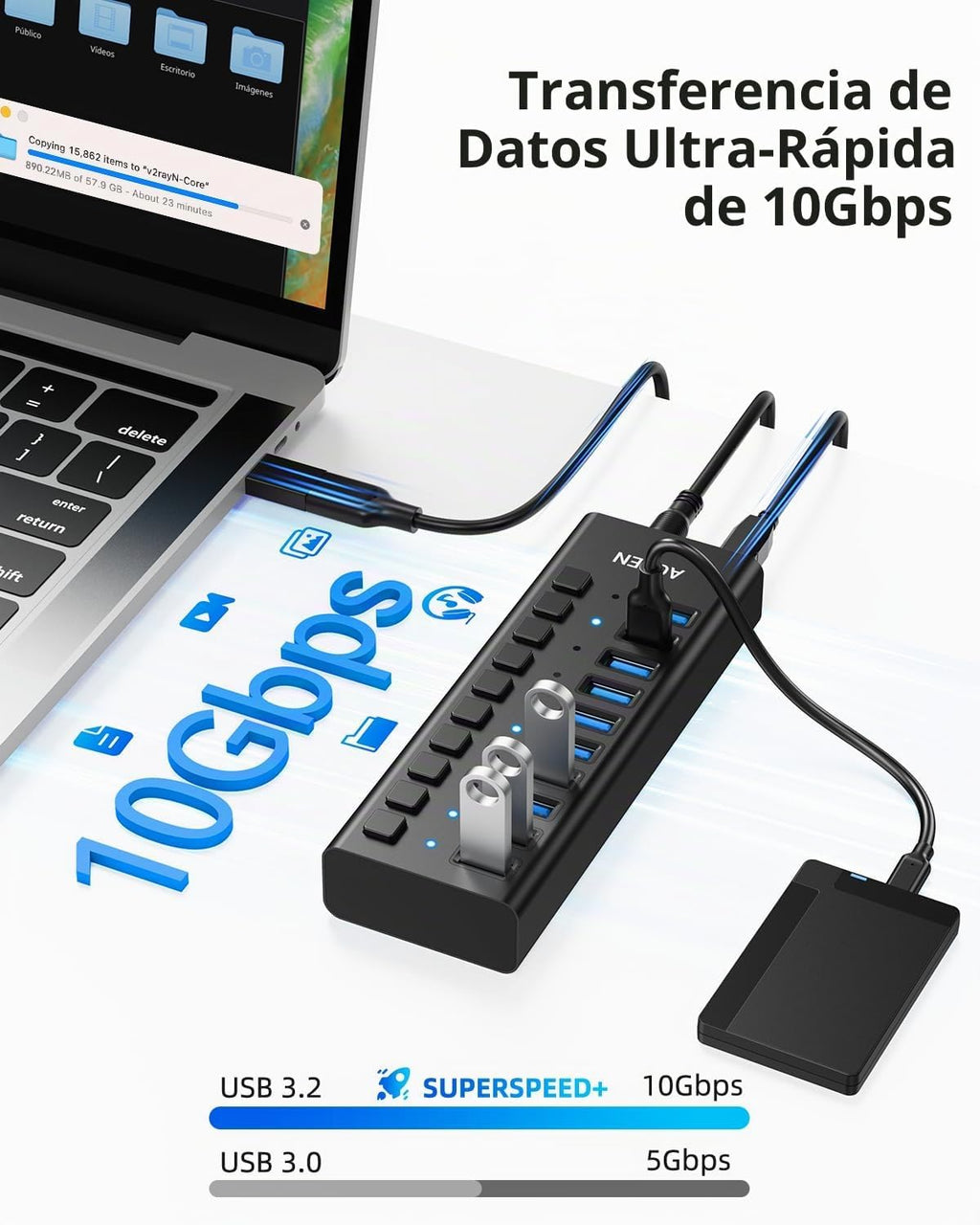AGEEN, hub USB 3.2 de 10 puertos, alimentado, adaptador 12V/4A