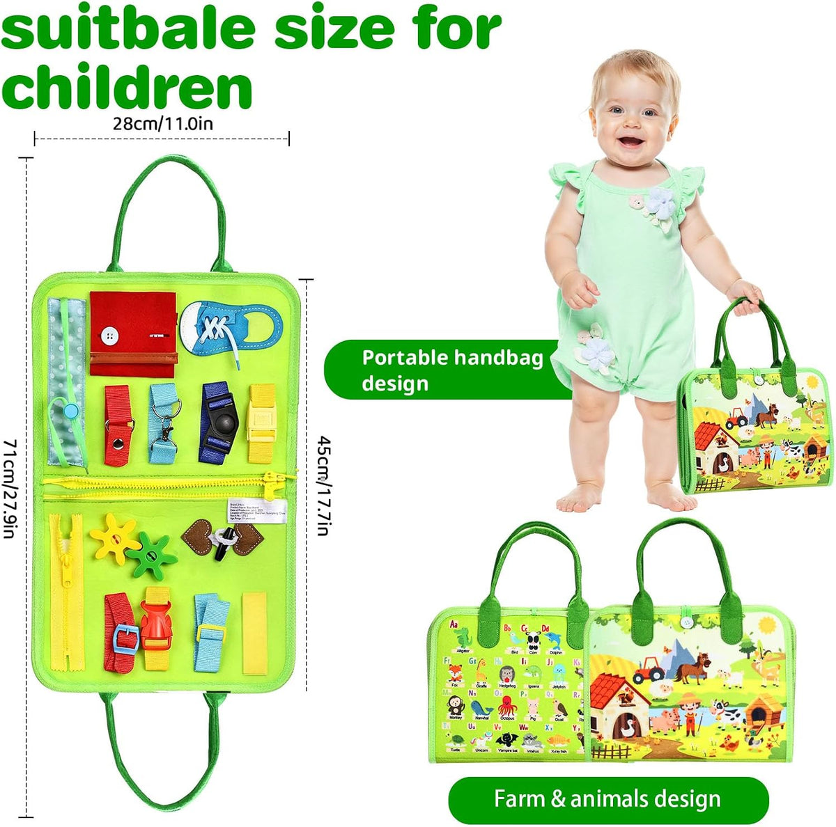Juguetes Montessori de tablero ocupado, regalos de cumpleaños para niños y niñas, juguete de viaje sensorial para autismo, tablero de libros ocupados para actividades educativas, juguetes de aprendizaje de habilidades motoras finas, color verde