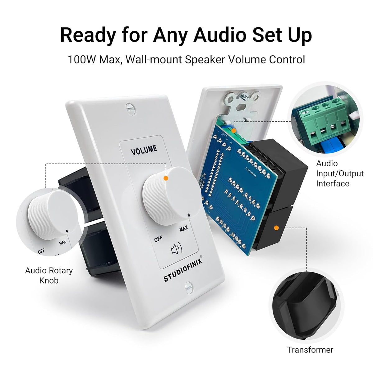 Interruptor de control de volumen de 100W en pared con perilla de ajuste de impedancia - Interruptor controlador estéreo de altavoces inteligentes de audio para cine en casa, control